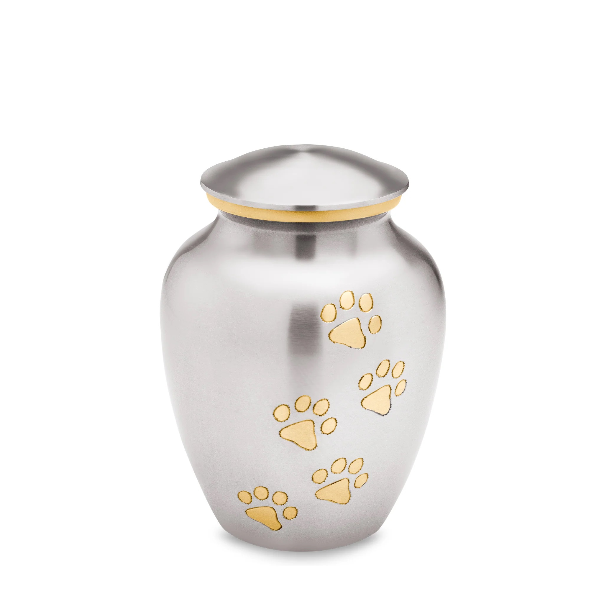 Urna plateada tipo cilindro con huellas para mascota